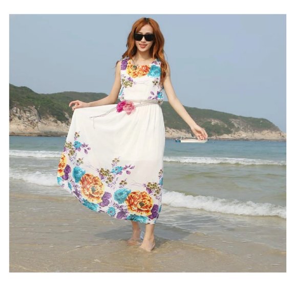 Multicolor Printed Chiffon Maxi Dress, White - Picture 2 of 2